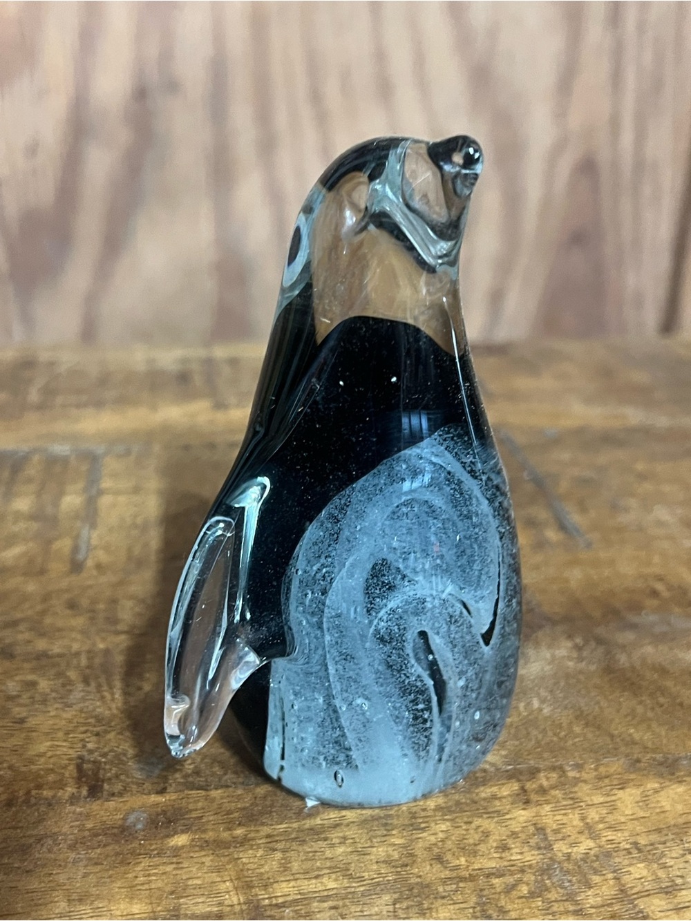 Vintage Art Glass Penguin Figurine - 4.5” Hand Blown Glass Black and Clear